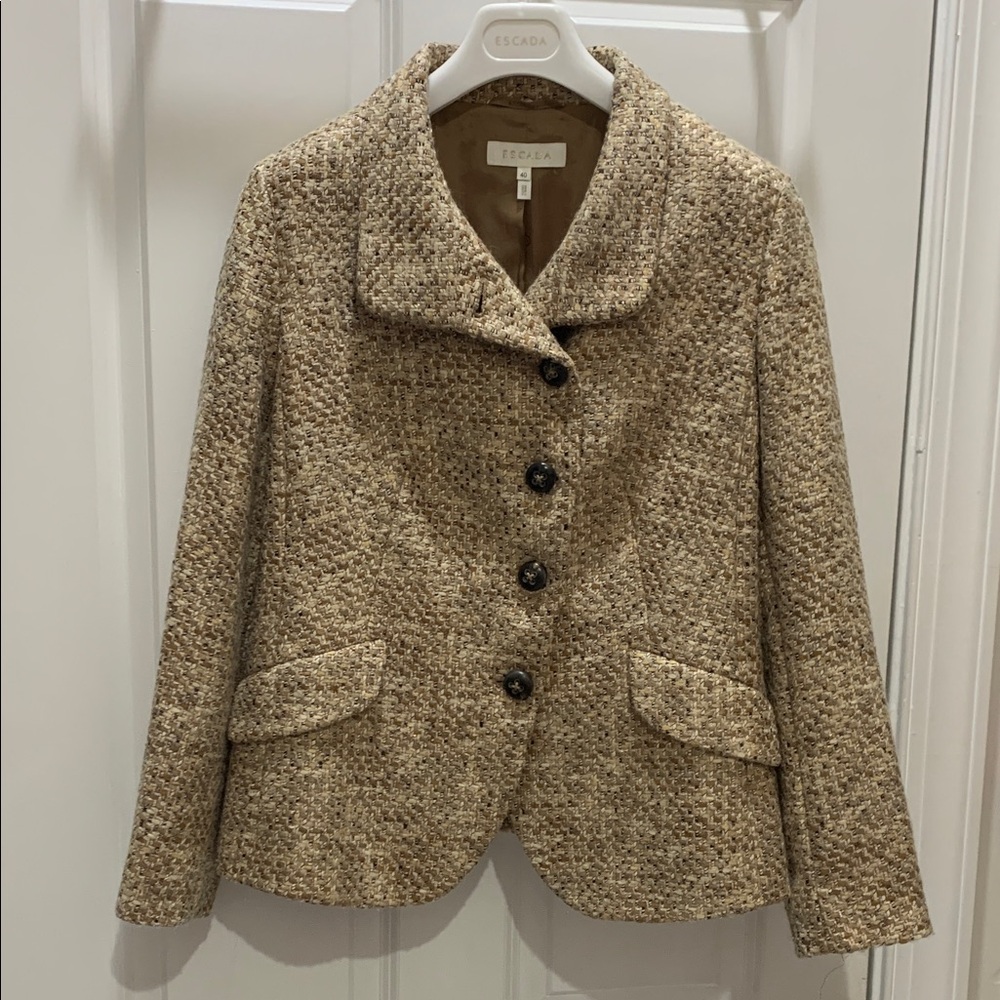 Escada Beige Tweed Notch Collar Button Jacket